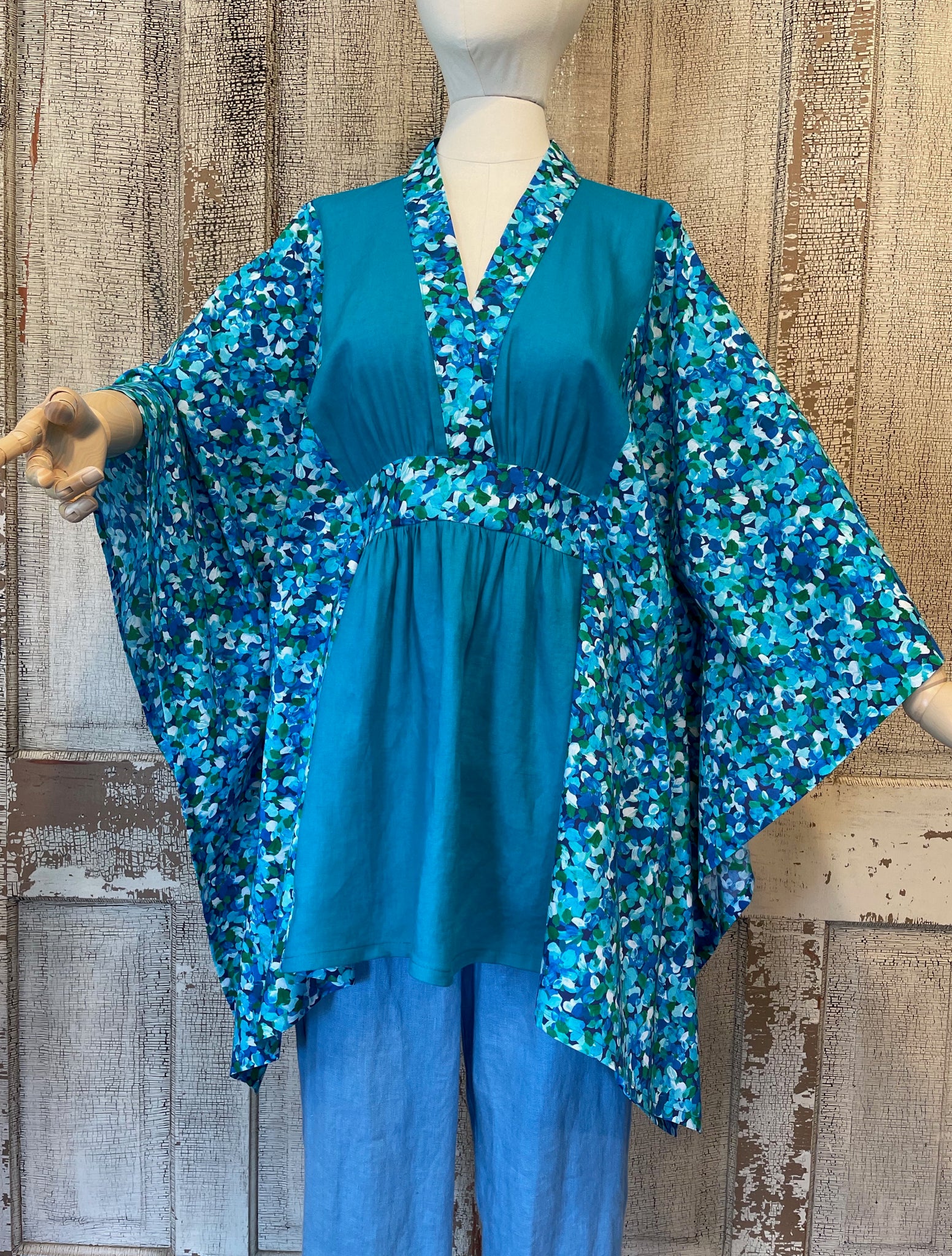 Fitted Caftan- Blue and Teal Floral